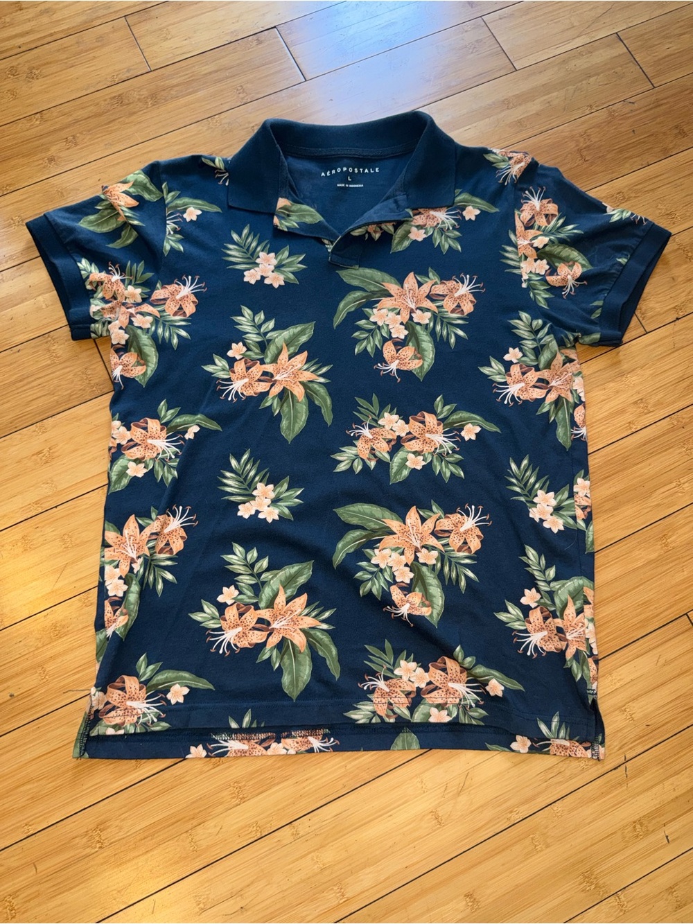 Aeropostale Navy Polo with Peach Floral Print
